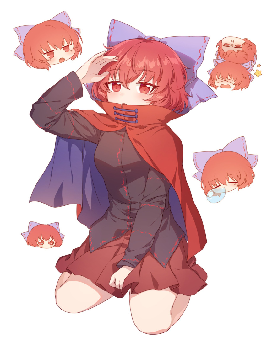 1girl black_shirt blue_bow blush bow cape closed_eyes disembodied_head emoji hair_between_eyes hair_bow highres kaoling long_sleeves nose_bubble open_mouth pleading_face_emoji pleated_skirt red_cape red_eyes red_hair red_skirt sekibanki shirt short_hair simple_background skirt solo star_(symbol) touhou white_background