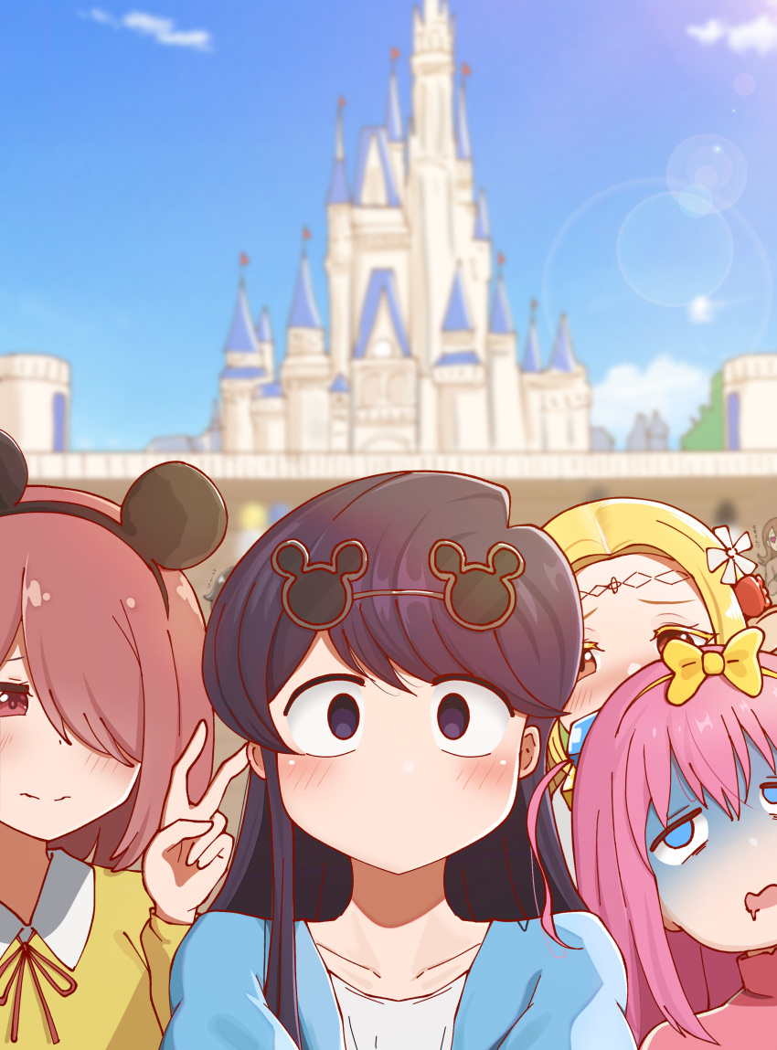 6+girls absurdres animal_ears black_eyes black_hair blonde_hair blue_eyes blurry blurry_foreground bocchi_the_rock! brown_eyes brown_hair character_request commentary crossover day disneyland edomae_elf eldali_ilma_fanomenel eyewear_on_head fake_animal_ears gloom_(expression) gotou_hitori hair_over_one_eye highres hoshino_miyako_(wataten) komi-san_wa_komyushou_desu komi_shouko long_hair matsumoto_kouko medium_hair mouse_ears multiple_crossover multiple_girls no_mouth outdoors pink_hair poa_mellhen selfie sunglasses trait_connection translated v watashi_ni_tenshi_ga_maiorita!