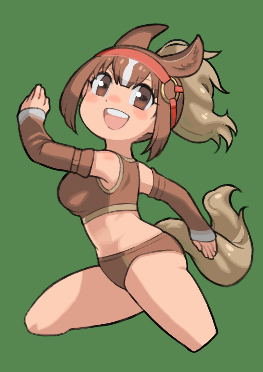 1girl animal_ears bare_shoulders blush brown_buruma brown_eyes brown_gloves brown_hair brown_sports_bra buruma chestnut_thoroughbred_(kemono_friends) cowboy_shot detached_sleeves extra_ears gloves hair_between_eyes headgear highres horse_ears horse_girl horse_tail kemono_friends looking_at_viewer midriff multicolored_hair open_mouth ponytail rinx running sidelocks smile solo sports_bra sportswear tail two-tone_hair white_hair