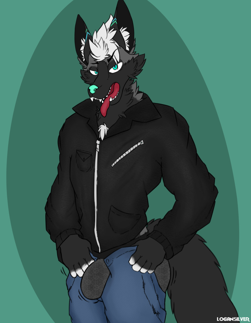 anthro bioluminescence bottomwear bulge canid canine clothed clothing denim denim_clothing digital_drawing_(artwork) digital_media_(artwork) fox fur glowing grey_body grey_fur hair hi_res jeans leather leather_clothing logan_silver male mammal pants red_fox silver_fox solo underwear white_hair