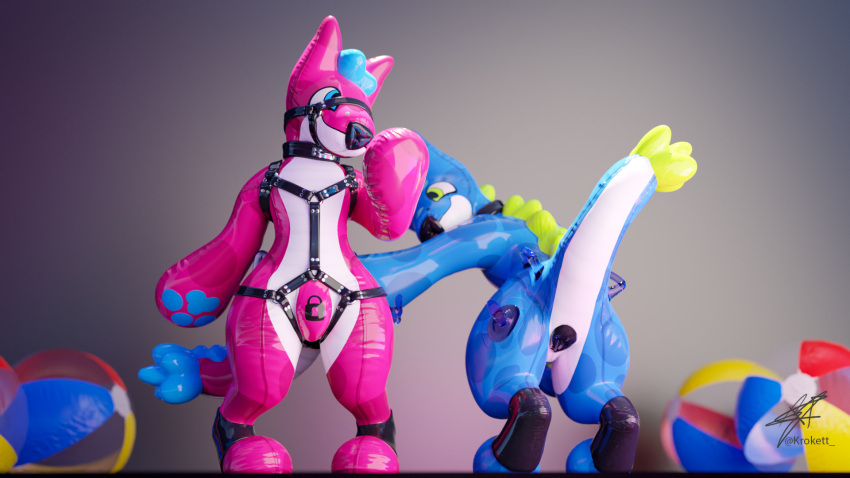 3d_(artwork) animate_inanimate anthro ball bappers beach_ball big_butt blue_body butt chastity_device collar digital_media_(artwork) dragon duo handles_on_hips harness hi_res inflatable krokett latex male multicolored_body null_bulge pink_body plastic pool_toy presenting simple_background strategically_placed_hole