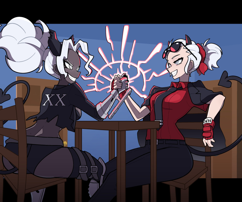 2girls absurdres arm_wrestling ass belt black_belt black_horns black_necktie black_pants demon demon_girl demon_horns demon_tail eyewear_on_head gloves grey_eyes helltaker highres horns jacket jacket_on_shoulders judgement_(helltaker) justice_(helltaker) metal_gloves muds multiple_girls necktie pants red_gloves red_shirt shirt sitting smile sunglasses tail white_horns