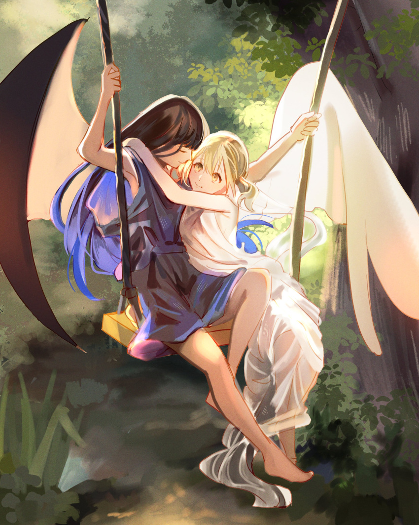 2girls absurdres angel_wings armpits azusawa_kohane bare_arms bare_legs barefoot black_hair black_vs_white black_wings blonde_hair blue_dress blue_hair bush closed_eyes closed_mouth commentary demon_wings dress english_commentary facing_another facing_to_the_side fine_art_parody foliage full_body highres hug long_hair looking_at_viewer low_twintails multicolored_hair multiple_girls nature outdoors parody project_sekai shiraishi_an sitting smile springtime_(pierre_auguste_cot) sunlight swing tall_grass tareme tree tsutoori twintails under_tree white_dress white_wings wings yellow_eyes yuri