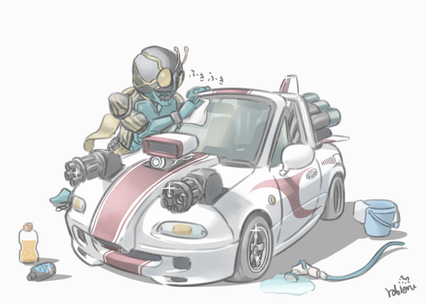 1boy bucket car chibi engine gatling_gun glint hose jet_engine kamen_rider kamen_rider_3 kamen_rider_drive_(series) mazda mazda_mx-5 mazda_mx-5_na minigun motor_vehicle rabienu soap_bottle solo sports_car tokusatsu vehicle_focus washing_vehicle water white_background