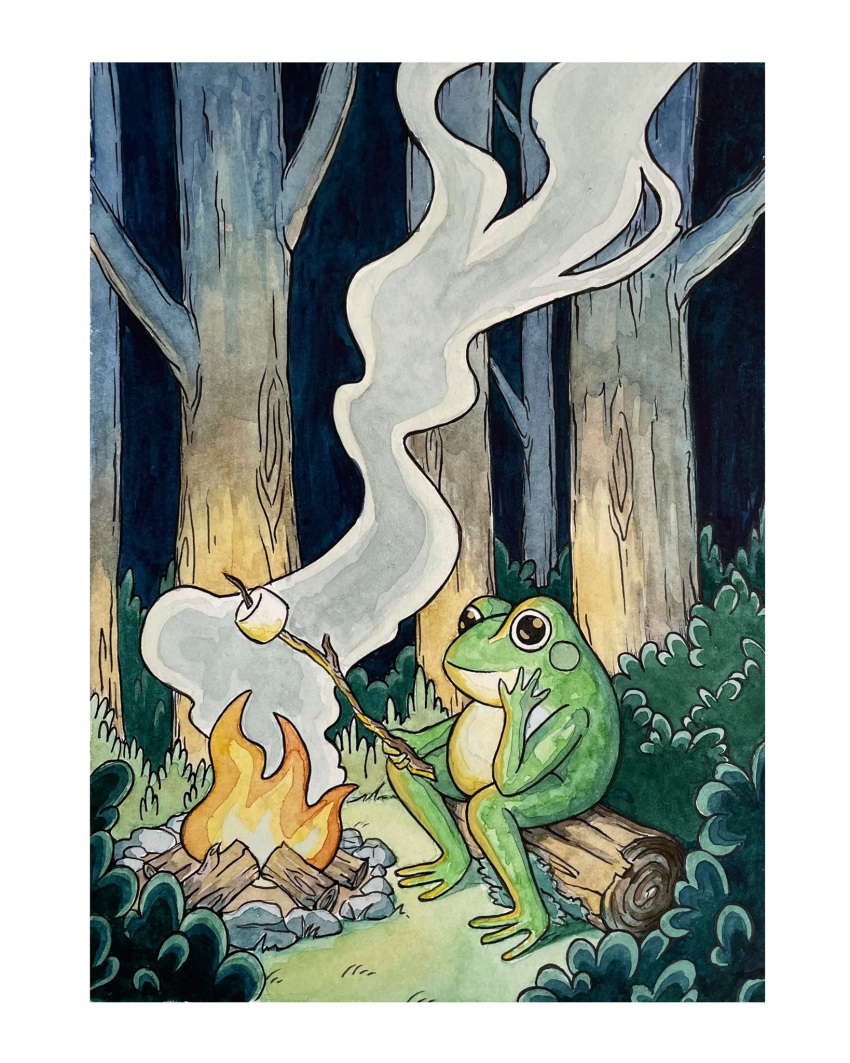 animal animal_focus border bush fire food forest frog grass highres holding holding_stick marshmallow nature night original outdoors paigeonapage1 smoke stick tree white_border