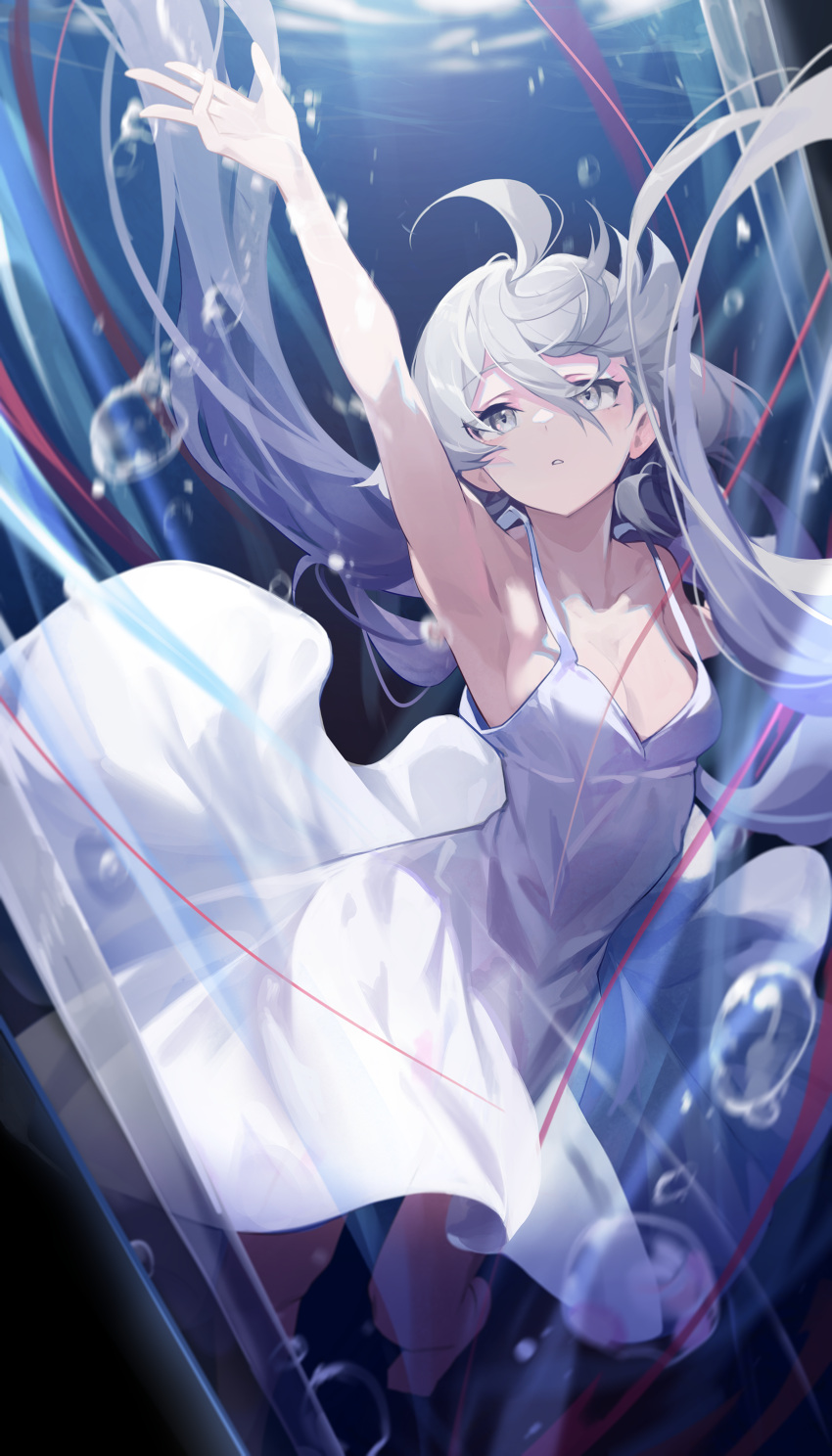 1girl absurdres ahoge arm_up armpits breasts bubble collarbone dress floating_hair foot_out_of_frame goomrrat grey_eyes gundam gundam_suisei_no_majo highres long_hair miorine_rembran parted_lips small_breasts solo submerged very_long_hair water white_dress white_hair