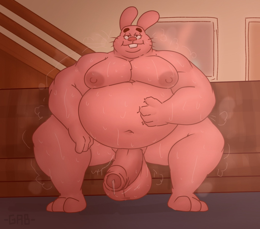 anthro belly bodily_fluids cartoon_network gabgbb hi_res lagomorph leporid living_room male mammal musk_clouds obese overweight pink_body rabbit richard_watterson solo sweat sweaty_body the_amazing_world_of_gumball thick_thighs