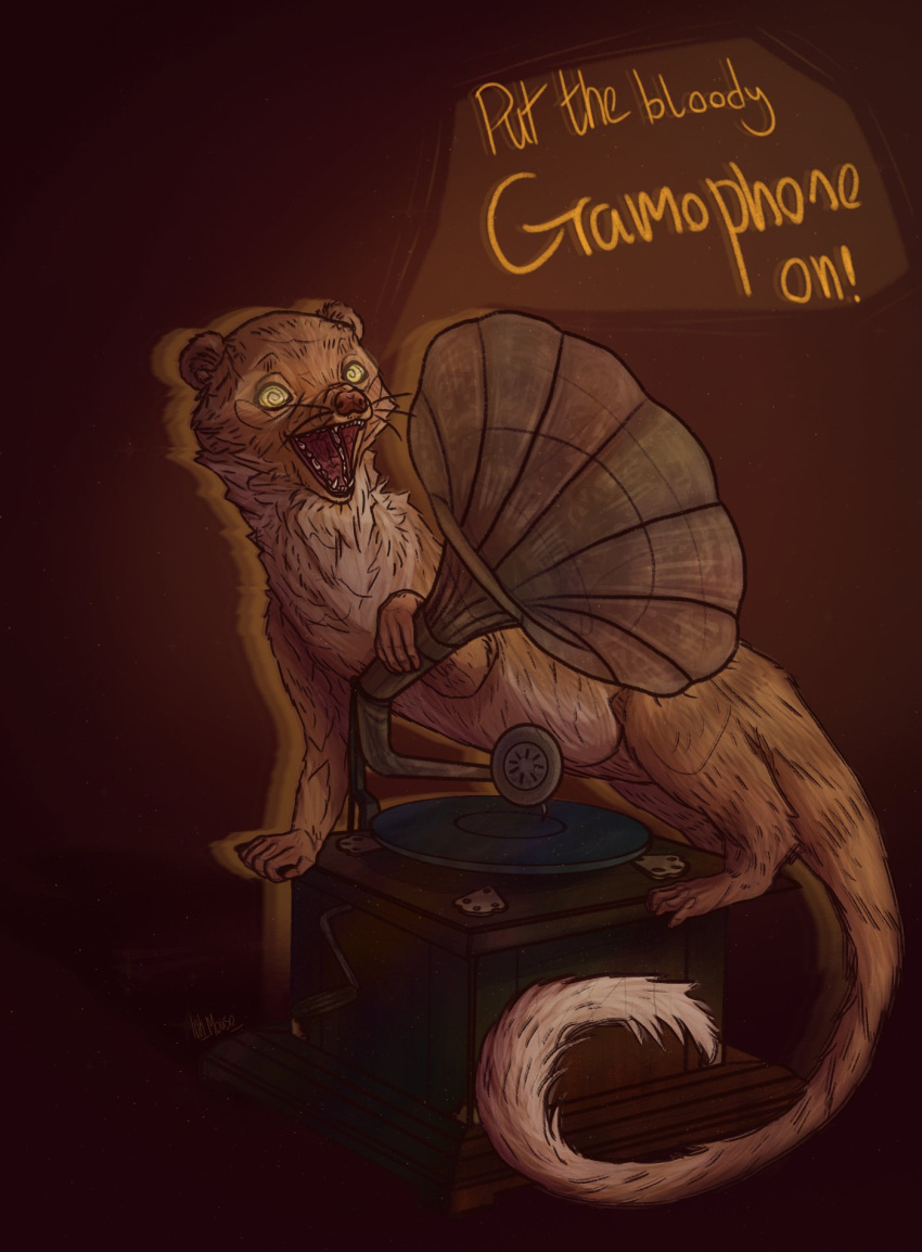 brown_body brown_fur elemental_creature english_text feral fur gef_the_talking_mongoose ghost gramophone herpestid hi_res ink_(artist) male mammal mongoose red_background simple_background solo speech_bubble spirit teeth text whiskers