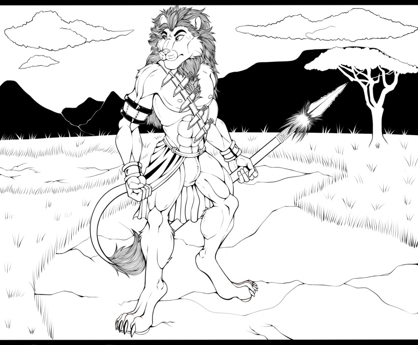 abs anthro armband bottomwear bracelet claws clothing cloud felid fist fur grass hi_res holding_object holding_spear holding_weapon jewelry knife lion looking_away male mammal mane marcushunter melee_weapon mouth_closed nipples pantherine pecs plant polearm solo spear standing tail tail_tuft toe_claws tree tribal_clothing tuft weapon
