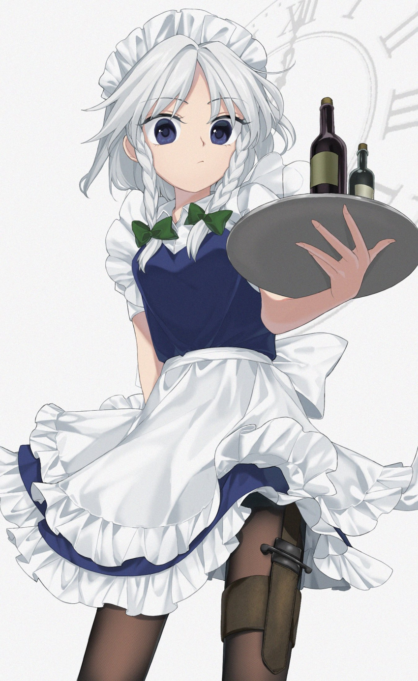 apron blue_dress blue_eyes bottle bow braid clock cowboy_shot dress expressionless from_below green_bow hair_bow hand_up highres holding holding_tray holster izayoi_sakuya keiki8296 knife knife_sheath looking_at_viewer maid_apron maid_headdress pantyhose puffy_short_sleeves puffy_sleeves sheath sheathed shirt short_hair short_sleeves simple_background thigh_holster touhou tray twin_braids waist_apron waist_bow white_apron white_background white_bow white_hair white_shirt wine_bottle