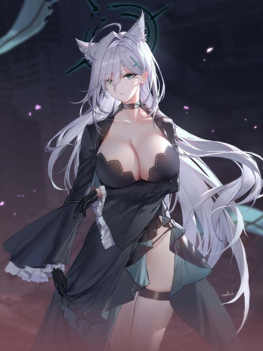 1girl absurdres animal_ears arm_under_breasts artist_name black_choker black_gloves black_panties blue_archive blue_eyes breasts choker cleavage collarbone cross_hair_ornament gloves hair_between_eyes hair_ornament halo highres large_breasts long_hair long_sleeves looking_at_viewer panties parted_lips shiroko_(blue_archive) shiroko_(terror)_(blue_archive) solo standing swd3e2 thigh_strap thighs underwear white_hair wide_sleeves