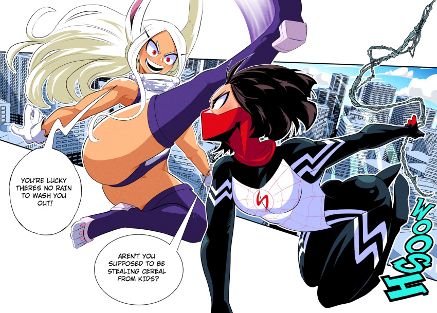 animal_ears ass black_hair bodysuit boku_no_hero_academia brown_eyes cindy_moon cityscape crescent_print dark-skinned_female dark_skin fighting flying_kick highleg highleg_leotard highres kicking leotard long_hair marvel mask mirko mouth_mask muscular muscular_female print_bodysuit rabbit_ears rabbit_girl red_eyes red_mask short_hair silk silk_(marvel) sleeveless sleeveless_turtleneck sleeveless_turtleneck_leotard sonchapo spider_web_print superhero taut_leotard thick_thighs thighs toned turtleneck turtleneck_leotard white_leotard