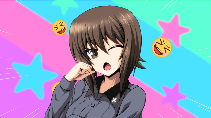 &gt;_&lt; 1girl :d brown_eyes brown_hair dress_shirt emoji emphasis_lines frown girls_und_panzer grey_shirt hand_to_own_face highres insignia kamishima_kanon kuromorimine_school_uniform long_sleeves multicolored_background nishizumi_maho one_eye_closed open_mouth portrait school_uniform shirt short_hair smile solo starry_background tracen_ondo_(song) wing_collar