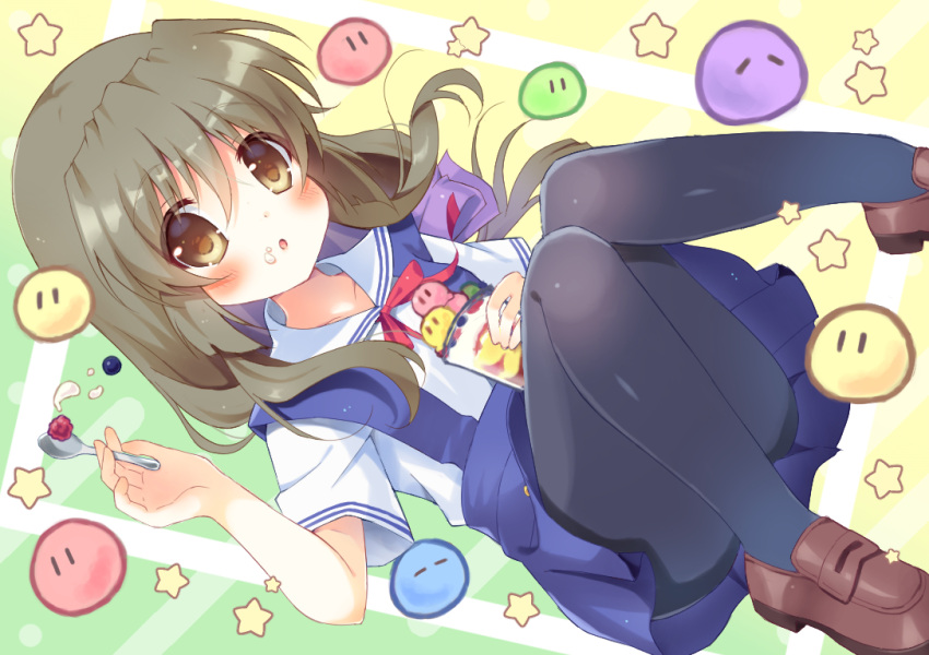 1girl :o black_pantyhose blue_skirt blush bow brown_eyes brown_footwear clannad commentary_request convenient_leg cup dango_daikazoku dutch_angle eyes_visible_through_hair floating_hair food food_on_face foot_out_of_frame glass hair_between_eyes hair_bow hand_up haruchimo high-waist_skirt hikarizaka_private_high_school_uniform holding holding_cup holding_spoon ibuki_fuuko ice_cream knees_together_feet_apart knees_up loafers long_hair looking_at_viewer open_mouth pantyhose purple_bow red_ribbon ribbon sailor_collar school_uniform shirt shoes short_sleeves sidelocks simple_background sitting skirt solo spoon star_(symbol) suspender_skirt suspenders tareme thighs white_sailor_collar white_shirt yellow_background |_|