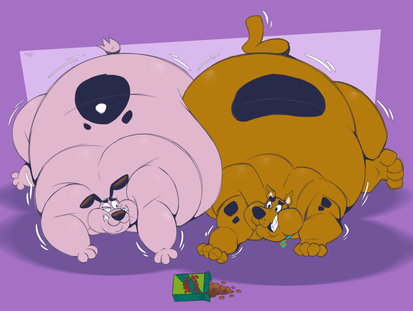 2023 box canid canine canis cartoon_network clenched_teeth collar collar_only collar_tag container courage_the_cowardly_dog courage_the_cowardly_dog_(character) crossover domestic_dog duo feral fur great_dane hanna-barbera hi_res lying male mammal mastiff molosser morbidly_obese morbidly_obese_feral morbidly_obese_male motion_lines nightyspark nude obese obese_feral obese_male on_front one_eye_closed overweight overweight_feral overweight_male paws reaching scooby-doo scooby-doo_(series) scooby_snacks signature teeth whiskers wide_eyed