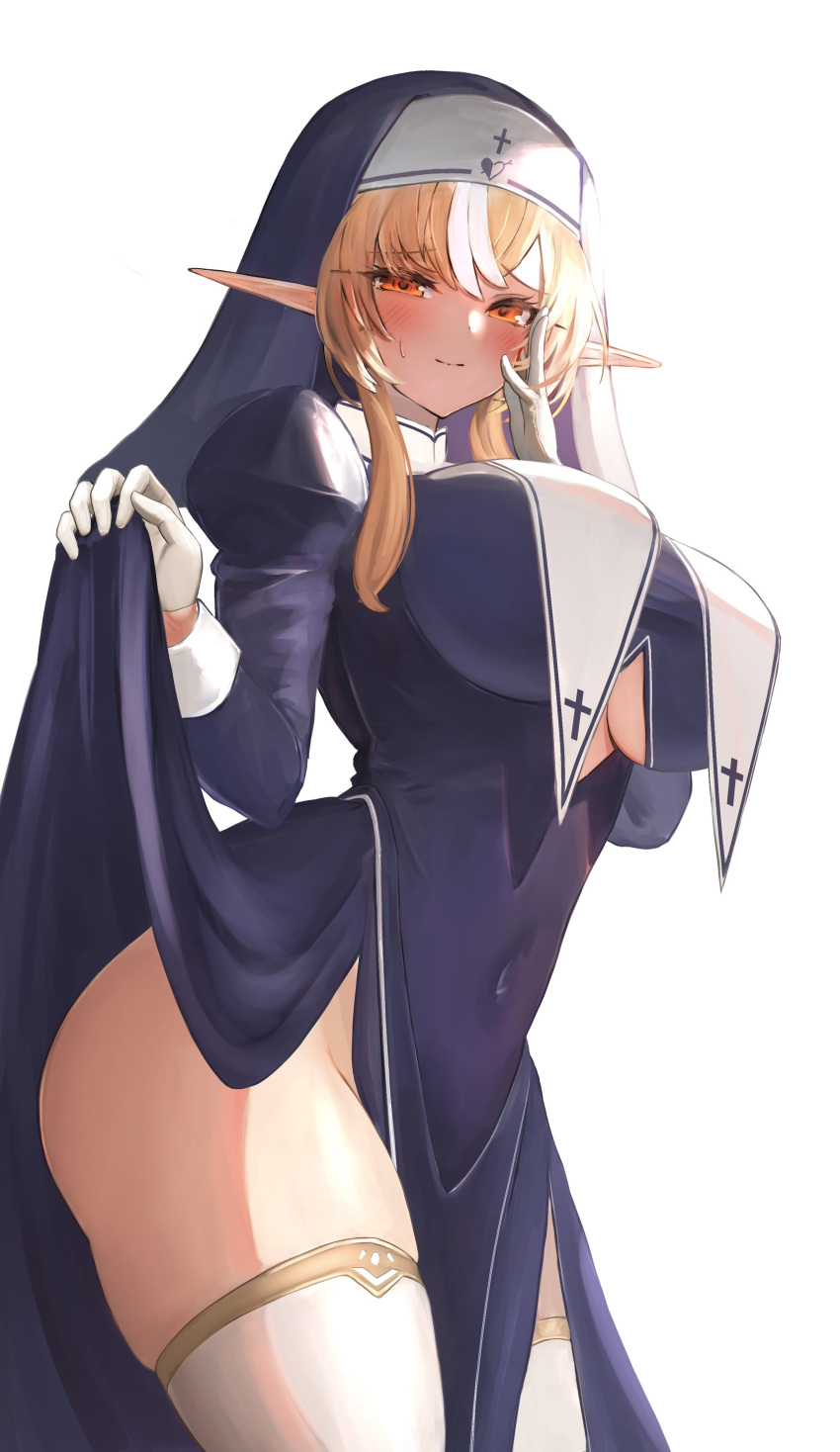 1girl absurdres blonde_hair blush breasts clothes_lift commentary covered_navel cowboy_shot dress dress_lift elf gloves habit highres hololive kinalilet large_breasts long_sleeves looking_at_viewer no_panties nun orange_eyes pointy_ears shiranui_flare simple_background skindentation smile solo thighhighs virtual_youtuber white_background