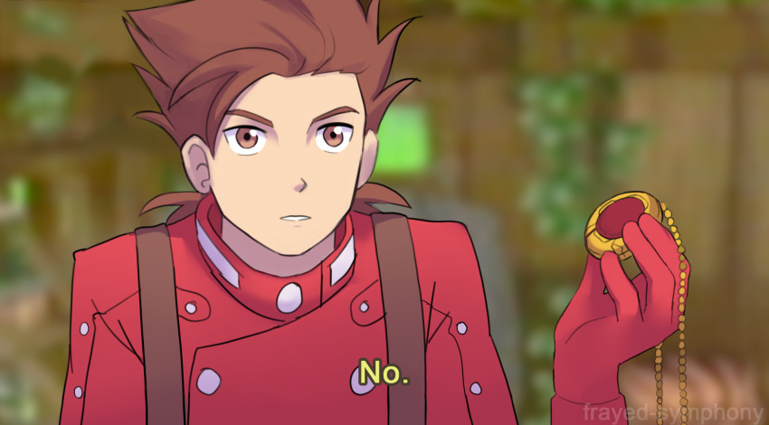 1boy artist_name brown_eyes brown_hair english_text frayed-symphony gloves highres holding holding_jewelry jewelry lloyd_irving male_focus parks_and_recreation parted_lips spiked_hair suspenders tales_of_(series) tales_of_symphonia