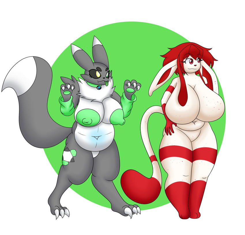 anthro bandai_namco big_breasts breasts digimon digimon_(species) digiwolx_(character) duo eeveelution female female/female generation_4_pokemon glaceon green_nipples hi_res nintendo nipples nude pokemon pokemon_(species) renamon slightly_chubby vlea_(vglaceon)