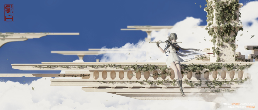 1girl above_cloud black_hair blue_hair colored_inner_hair flute highres instrument mechanical_arms mechanical_parts multicolored_hair plant playing_flute punishing:_gray_raven scenery selena:_capriccio_(punishing:_gray_raven) selena_(punishing:_gray_raven) single_mechanical_arm sky vines watermark yibai