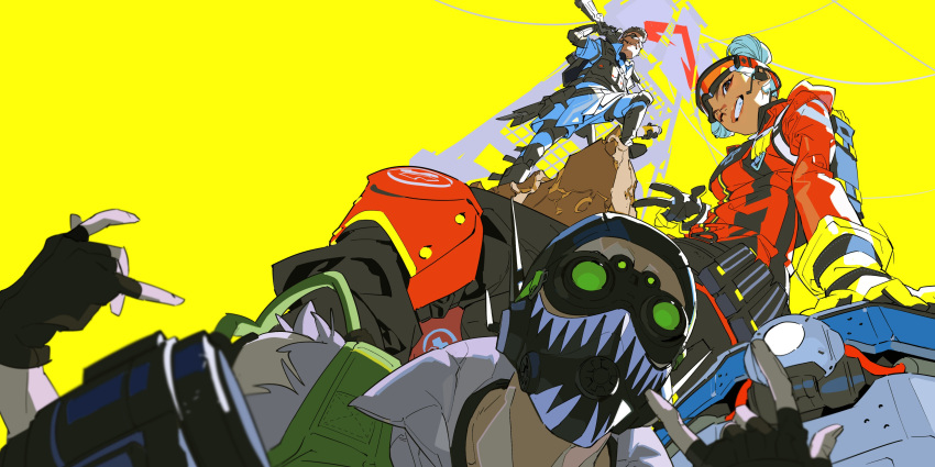 1boy 2girls absurdres apex_legends bangalore_(apex_legends) from_below globes gun highres holding holding_gun holding_weapon jacket lifeline_(apex_legends) mask multiple_girls octane_(apex_legends) red_jacket rock tower weapon wire yellow_background yoneyama_mai