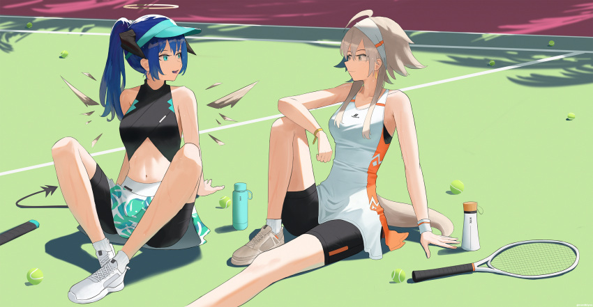 2girls ahoge arknights arm_on_knee ball bandana bare_legs belly bike_shorts black_sports_bra blue_eyes blue_hair bottle brown_eyes brown_hair closed_mouth demon_horns detached_wings dress energy_wings feet_out_of_frame floral_print hair_between_eyes hair_ornament halo hat highres horns looking_at_another mayer_(arknights) mostima_(arknights) multiple_girls navel northkiyou on_floor open_mouth otter_tail racket shadow shoes sitting skirt sneakers sports_bra sportswear sweat tail tennis_ball tennis_court tennis_net tennis_racket tennis_uniform water_bottle white_bandana white_dress white_sneakers wings
