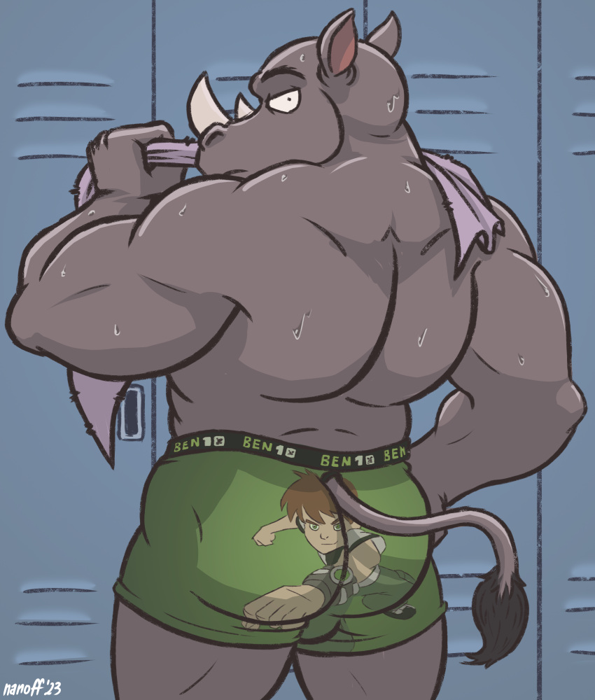 anthro ben_10 cartoon_network clothed clothing hi_res locker_room looking_at_viewer looking_back looking_back_at_viewer male mammal muscular muscular_male nanoff print_clothing print_underwear rear_view rhinoceros solo spandex tight_clothing towel_on_shoulder underwear underwear_only wet