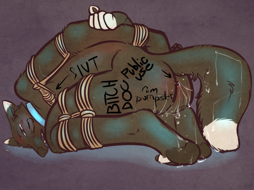 5_fingers anthro anus arms_tied arrow_pointing_to_ass arrow_sign artist_name balls bdsm black_body black_fur black_nose blue_eyes blush bodily_fluids body_writing bondage bound butt canid canine canis claws clenched_fingers collar cum cum_drip cum_in_ass cum_inside cum_on_butt cum_on_feet cum_on_tail degradation dripping ears_back english_text eyes_mostly_closed fingers fluffy fluffy_tail folded folded_legs fur genital_fluids genitals hands_behind_back head_on_ground helpless humiliation kaputotter kneeling leaking_cum legs_tied looking_at_viewer low-angle_view male mammal messy narrowed_eyes on_ground open_mouth penis_drawing perineum petplay pivoted_ears plantigrade public_use puppyplay questionable_consent raised_tail rear_view restraints roleplay rope rope_bondage shadow_(wolf119) side_view simple_background slim slur solo submissive submissive_male sweat tail teeth text three-quarter_view tiptoes white_ear_tips white_fingertips white_tail_tip white_toes wolf