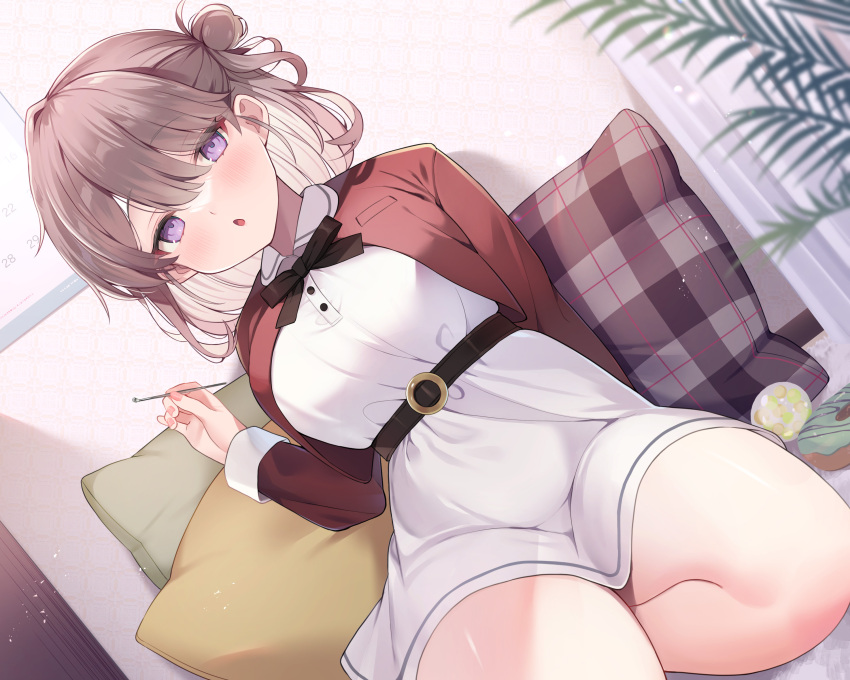 1girl :o absurdres arm_behind_back belt blush brown_hair calendar_(object) collared_dress curtains cushion doughnut dress ebihara_beniko food hair_between_eyes hair_bun highres indoors jacket leaf looking_at_viewer medium_hair mimikaki non-web_source o-ring o-ring_belt open_mouth original purple_eyes red_jacket school_uniform sitting solo thighs white_dress