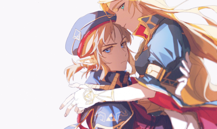 1boy 1girl blonde_hair blue_eyes earrings fingerless_gloves gloves green_eyes highres jewelry ji_yuyun link looking_at_viewer pointy_ears princess_zelda simple_background the_legend_of_zelda white_background