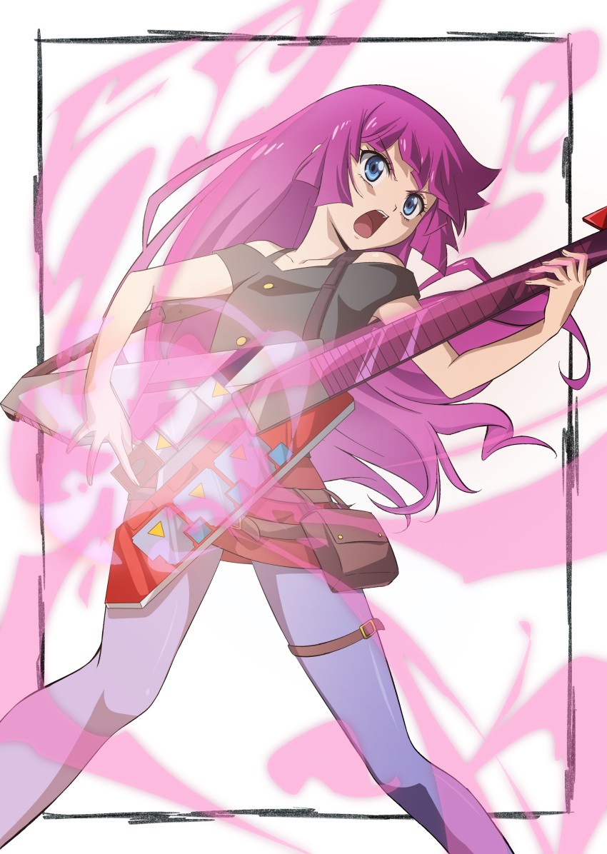 1girl absurdres black_shirt blue_eyes card clothing_cutout duel_disk electric_guitar glowing guitar highres hiroki_(vvkagerouvvr2) holding holding_card holding_guitar instrument kirishima_romin long_hair miniskirt open_mouth pantyhose playing_guitar purple_hair purple_pantyhose red_skirt shirt shoulder_cutout skirt yu-gi-oh! yu-gi-oh!_sevens