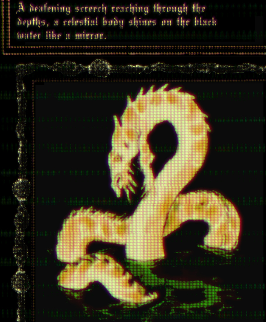 ambiguous_gender aquatic_dragon dragon english_text feral fin hi_res long_body marine partially_submerged plastiboo sea_serpent solo spines teeth text water wingless_dragon yellow_body