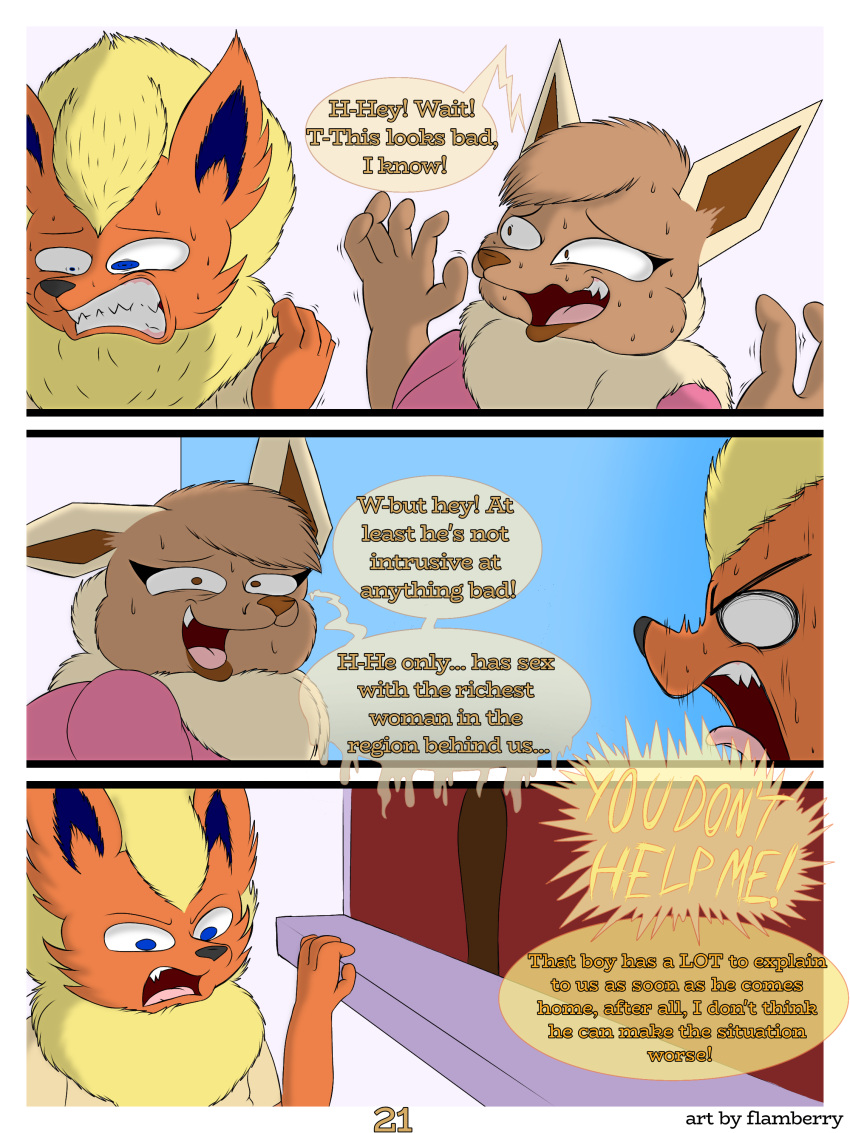 3:4 absurd_res angry anthro blush brown_body brown_eyes brown_fur canid canine comic digital_drawing_(artwork) digital_media_(artwork) duo eevee eeveelution elizabeth_venizee english_text female flamberry_(artist) flareon franklin_flare fur generation_1_pokemon hair hi_res male male/female mammal nintendo open_mouth pokemon pokemon_(species) scared shaking simple_background spying text
