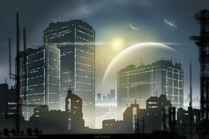 artist_name building city galaxy kvacm moon night no_humans original outdoors planet scenery science_fiction sky skyscraper star_(sky) starry_sky sun web_address