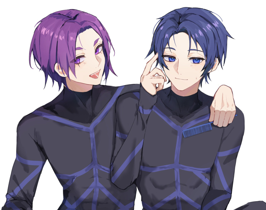 2boys black_bodysuit blue_eyes blue_hair blue_lock bodysuit closed_mouth comb hand_on_another's_shoulder hand_up highres holding holding_comb isagi_yoichi koumimi long_sleeves looking_at_viewer male_focus mikage_reo multiple_boys open_mouth parted_bangs purple_eyes purple_hair short_eyebrows short_hair simple_background sleeves_past_wrists smile upper_body white_background