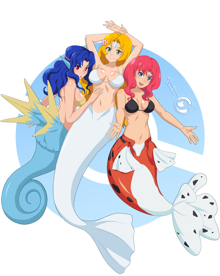 absurd_res bra clothing daisy_(pokemon) dewgong female generation_1_pokemon group hi_res horn horned_humanoid humanoid lily_(pokemon) marine merfolk nintendo orcaleon pokemon pokemon_(species) seadra seaking sibling_(lore) sister_(lore) sisters_(lore) split_form trio underwear violet_(pokemon)