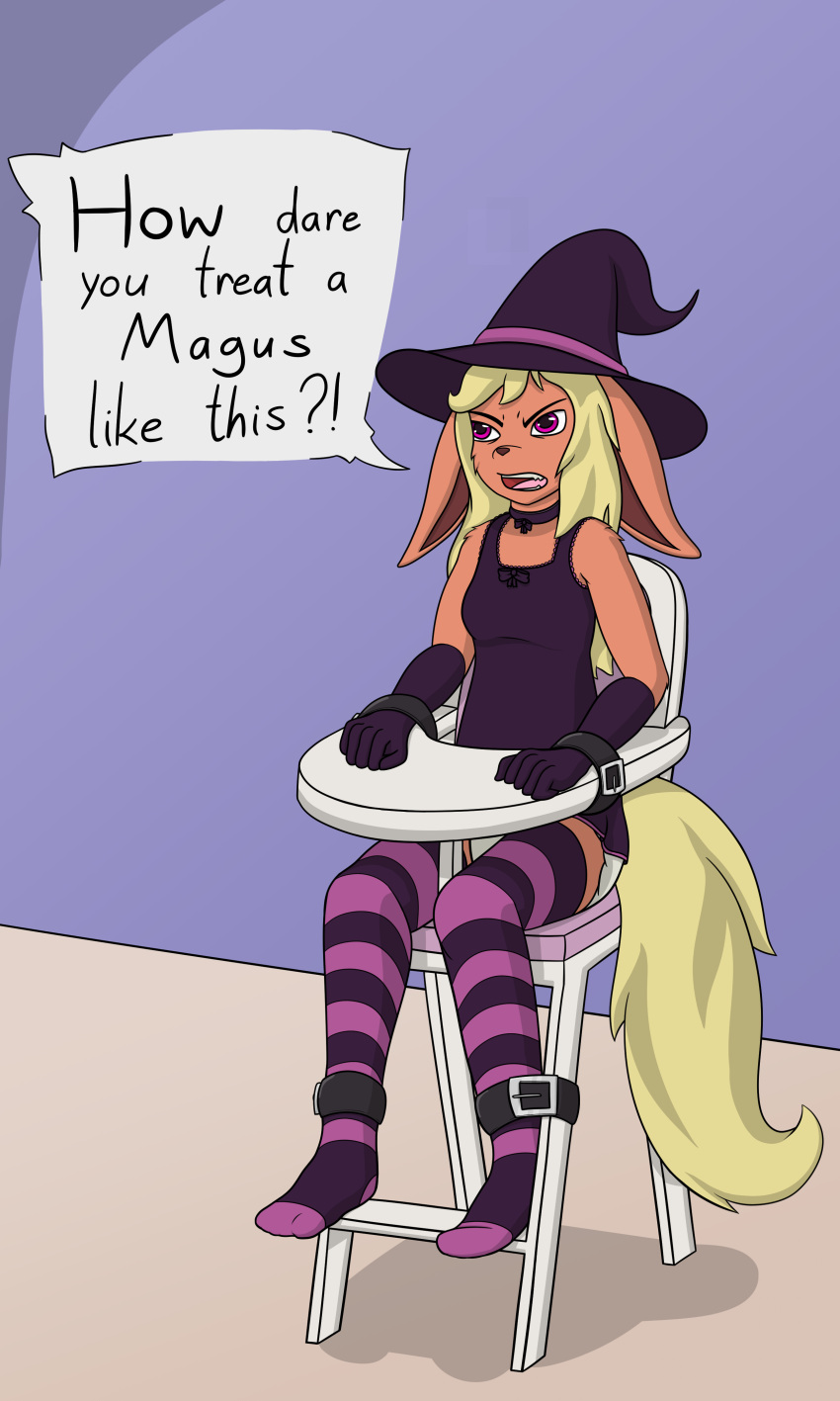 2019 3:5 absurd_res angry anthro armwear blonde_hair bow_ribbon buckle choker clothed clothing dialogue diaper digital_media_(artwork) eeveelution elbow_gloves english_text exclamation_point female flareon fluffybuck footwear forced fur generation_1_pokemon gloves hair handwear hat headgear headwear hi_res high_chair humiliation jewelry legwear necklace nintendo open_mouth orange_body orange_fur pattern_clothing pattern_legwear pokemon pokemon_(species) purple_background purple_clothing purple_eyes purple_footwear purple_gloves purple_handwear purple_hat purple_headwear purple_shirt purple_socks purple_topwear question_mark ribbons shirt simple_background sitting socks solo speech_bubble strapped_down straps striped_clothing striped_legwear stripes tail tank_top teeth text thigh_highs tongue topwear wearing_diaper witch_costume witch_hat yellow_tail