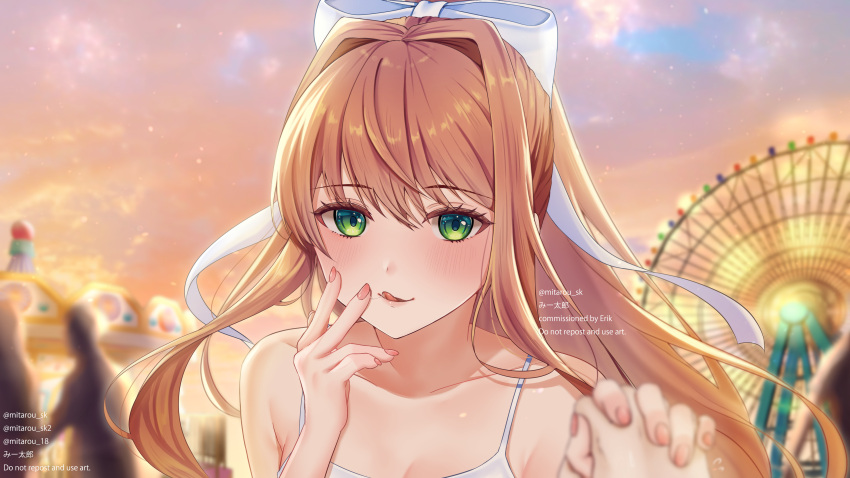 1girl absurdres bow breasts brown_hair cleavage collarbone commission doki_doki_literature_club ferris_wheel green_eyes hair_bow highres long_hair looking_at_viewer medium_breasts mi_tarou0412 monika_(doki_doki_literature_club) outdoors parted_lips pixiv_commission solo tongue tongue_out white_bow