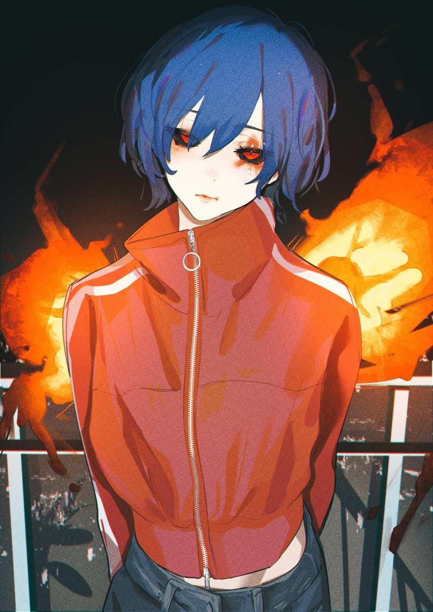 1girl arms_behind_back black_sclera blue_hair city city_lights colored_sclera denim head_tilt highres jacket jeans kagune_(tokyo_ghoul) kenshuusei_(kensuuu0225) kirishima_touka looking_at_viewer medium_hair pants red_eyes red_jacket solo tokyo_ghoul white_stripes zipper zipper_pull_tab