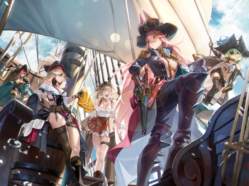 5girls barrel beer_mug bikini black_bikini black_dress black_footwear black_jacket black_pants black_thighhighs blonde_hair blue_headwear blue_sky blurry bokeh boots breasts cape character_request cleavage closed_eyes cloud cup depth_of_field dress eyepatch girls'_frontline green_eyes green_hair hat head_scarf highres holding holding_cup jacket knee_boots large_breasts long_hair looking_at_another mug multiple_girls official_art official_wallpaper open_mouth pants pink_hair pirate pirate_hat red_eyes red_hair red_skirt sail sailing_ship shirt short_hair single_thighhigh skirt sky smile sunlight swimsuit thigh_pouch thighhighs white_shirt