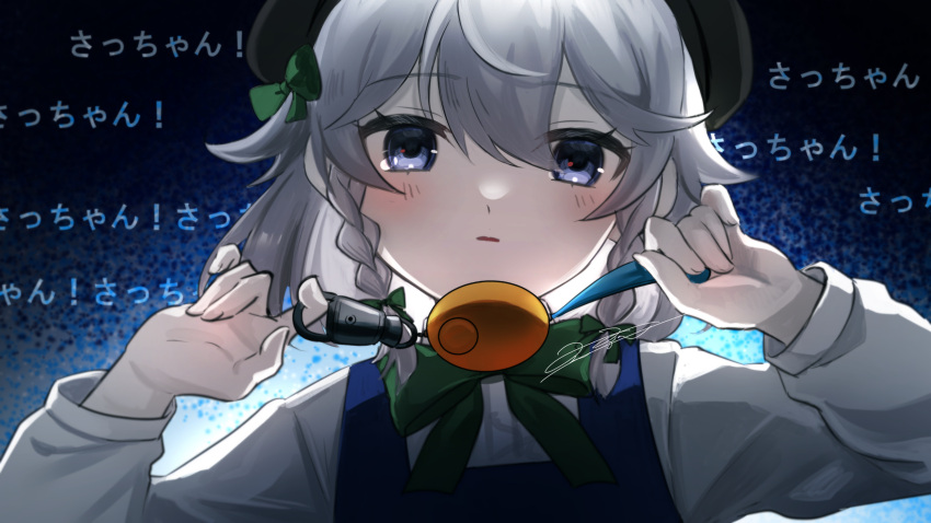 1girl aged_down beret blue_background blue_dress blue_eyes blush bow bowtie braid commentary cosplay crime_prevention_buzzer dress green_bow green_bowtie grey_hair hat highres izayoi_sakuya long_sleeves looking_at_viewer medium_hair rokuya_(68_zusao) shigure_ui_(vtuber) shigure_ui_(vtuber)_(cosplay) shirt shukusei!!_loli-gami_requiem solo touhou translated twin_braids upper_body white_shirt