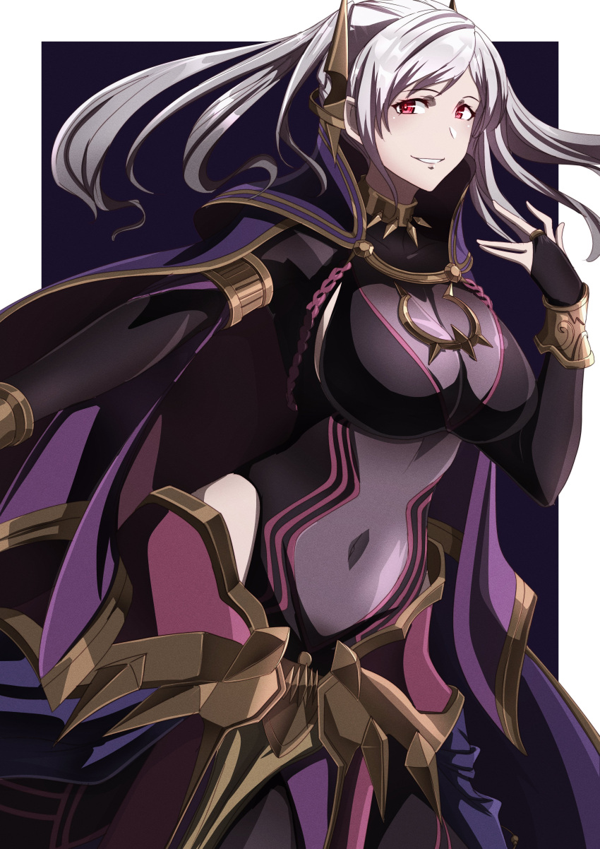 1girl absurdres black_background border breasts bridal_gauntlets cape cleavage covered_navel dark_persona fire_emblem fire_emblem_awakening fire_emblem_cipher fire_emblem_heroes grey_hair grima_(fire_emblem) grin hair_ornament highres large_breasts long_hair looking_at_viewer navel official_alternate_costume red_eyes robin_(female)_(fell_tactician)_(fire_emblem) robin_(female)_(fire_emblem) robin_(fire_emblem) see-through see-through_cleavage smile solo to_(tototo_tk) twintails white_border