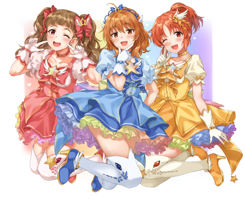 3girls ;d abe_nana absurdres ahoge araki_hina blue_choker blue_dress blunt_bangs blush bow bowtie breasts brooch brown_eyes brown_hair choker collarbone dot_nose dress finger_to_cheek finger_to_own_chin frilled_dress frills full_body gloves gradient_background gradient_dress hair_bow hair_ornament hair_ribbon hand_up hands_up heart high_heels highres idolmaster idolmaster_cinderella_girls idolmaster_cinderella_girls_starlight_stage index_finger_raised jewelry kamiya_nao long_hair looking_at_viewer magical_girl medium_breasts multicolored_background multiple_girls one_eye_closed open_mouth ponytail red_bow red_bowtie red_choker red_dress red_eyes red_ribbon ribbon short_hair short_sleeves shy simple_background sirurabbit smile star_(symbol) star_brooch star_hair_ornament sweatdrop thick_eyebrows thighhighs tiara twintails wavy_mouth white_background white_gloves white_thighhighs wing_hair_ornament yellow_choker yellow_dress