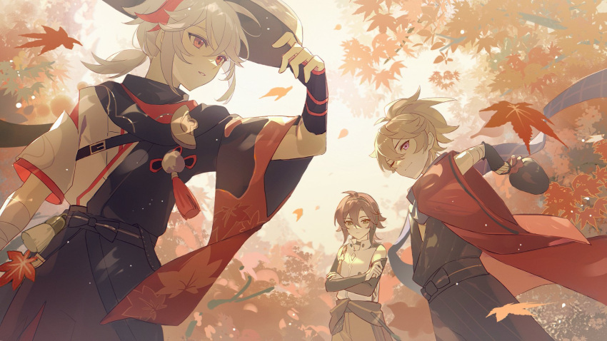 2333309021 3boys autumn_leaves bishounen falling_leaves genshin_impact grey_hair hat highres japanese_clothes kaedehara_kazuha kazuha's_friend_(genshin_impact) leaf male_focus maple_leaf maple_tree multicolored_hair multiple_boys outdoors red_hair shikanoin_heizou short_hair streaked_hair tree white_hair