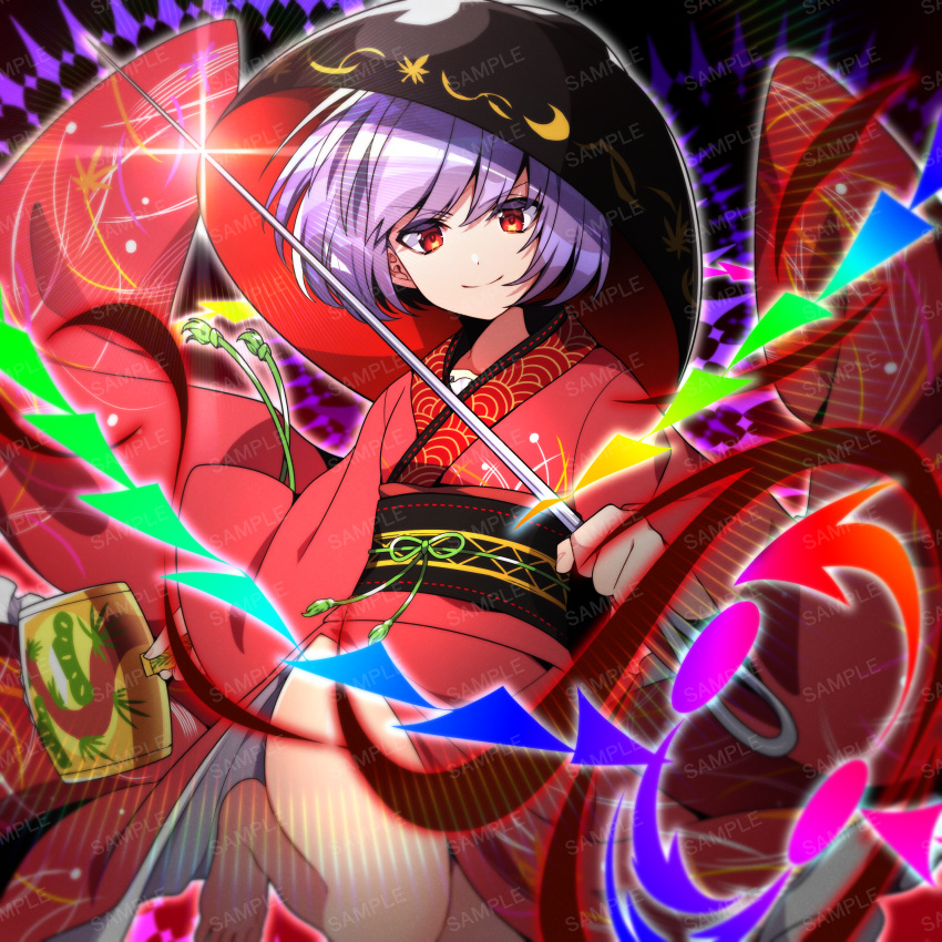 1girl absurdres barefoot black_headwear bowl bowl_hat closed_mouth commentary_request hat highres holding holding_needle japanese_clothes kamenozoki_momomo kimono long_sleeves needle needle_sword obi purple_hair red_eyes red_kimono sample_watermark sash short_hair smile solo sukuna_shinmyoumaru touhou watermark wide_sleeves