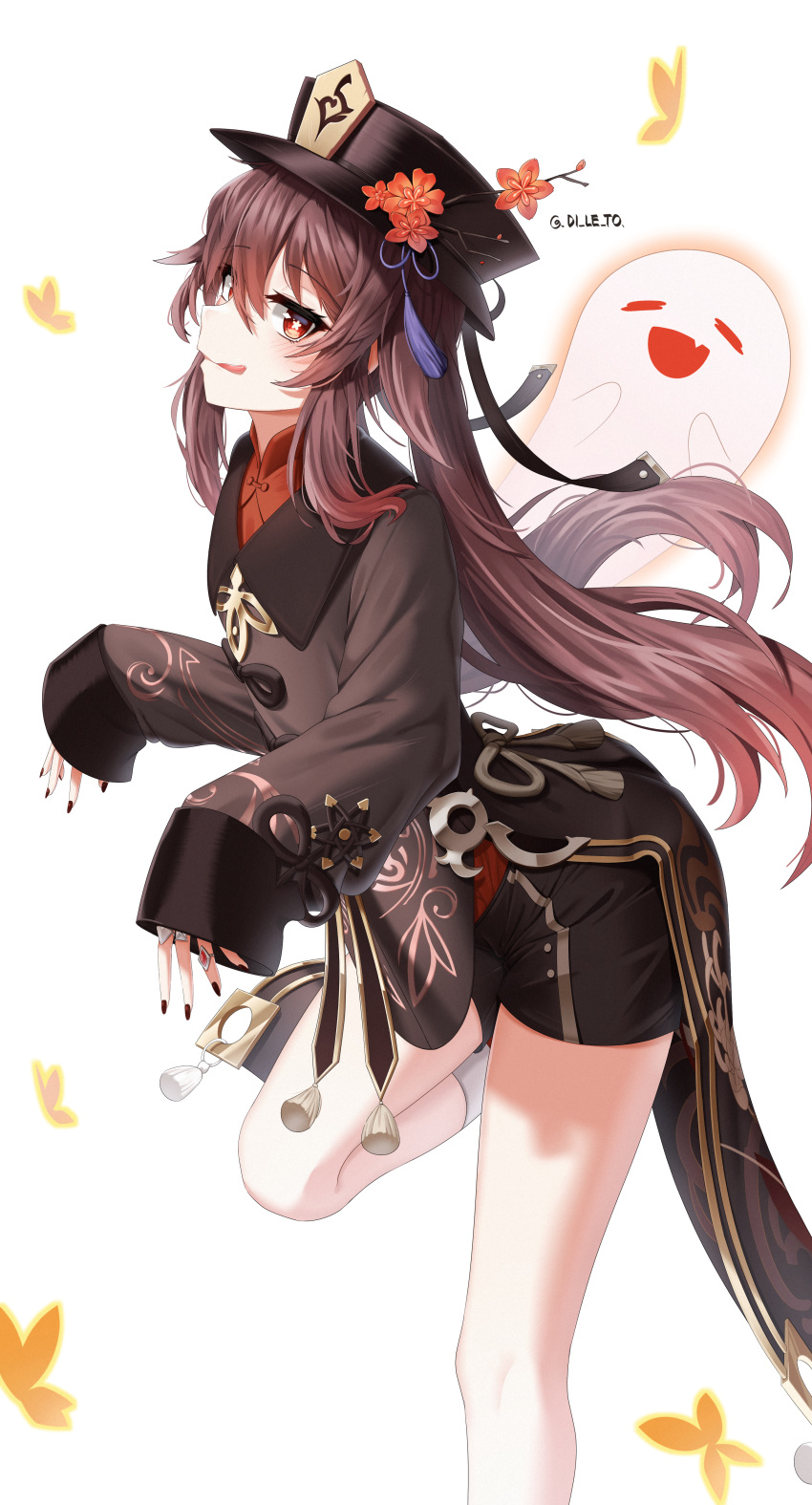 1girl absurdres bare_legs black_headwear black_nails blush boo_tao_(genshin_impact) bright_pupils brown_coat brown_hair coat coattails commentary di_le_to flower flower-shaped_pupils foot_out_of_frame genshin_impact hair_between_eyes hat hat_flower hat_tassel highres hu_tao_(genshin_impact) knee_up long_hair long_sleeves looking_at_viewer red_eyes shorts simple_background smile socks solo standing standing_on_one_leg symbol-shaped_pupils tongue tongue_out twintails twitter_username white_background white_socks