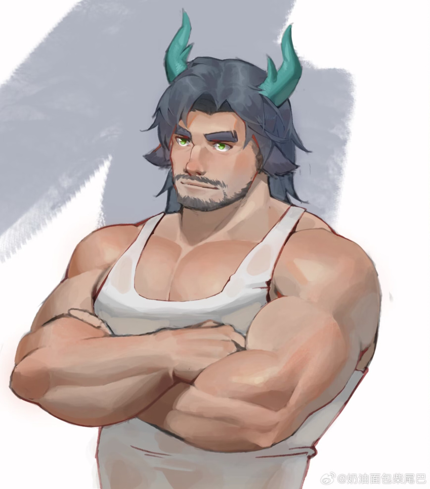1boy animal_ears bara beard cow_boy cow_ears cow_horns crossed_arms facial_hair green_horns grey_hair highres horns large_pectorals looking_ahead male_focus mature_male mr_samoye muscular muscular_male mustache original pectoral_cleavage pectorals see-through shirt short_hair solo tank_top thick_eyebrows upper_body wet wet_clothes wet_shirt white_tank_top