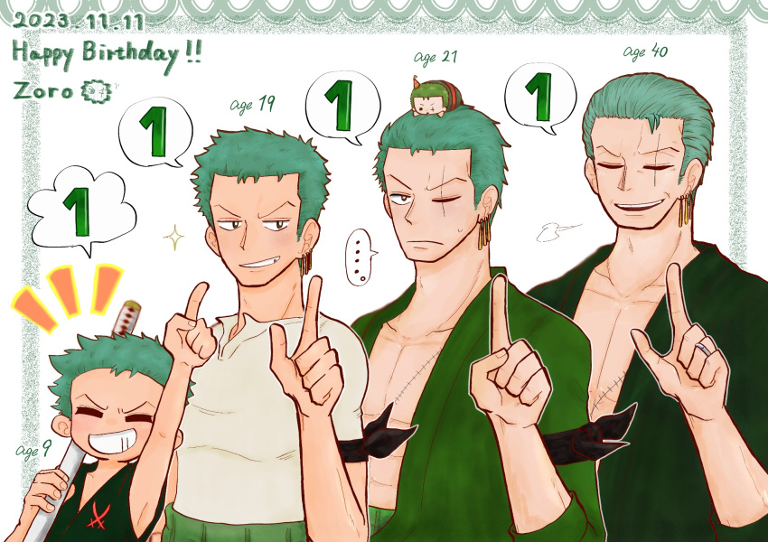 1 1boy =_= age_progression aged_down aged_up green_hair happy_birthday highres index_finger_raised japanese_clothes kimono male_focus mature_male old old_man one_piece ornate_border ree_(r0603013847900) roronoa_zoro scar scar_across_eye short_hair upper_body v-shaped_eyebrows wrinkled_skin