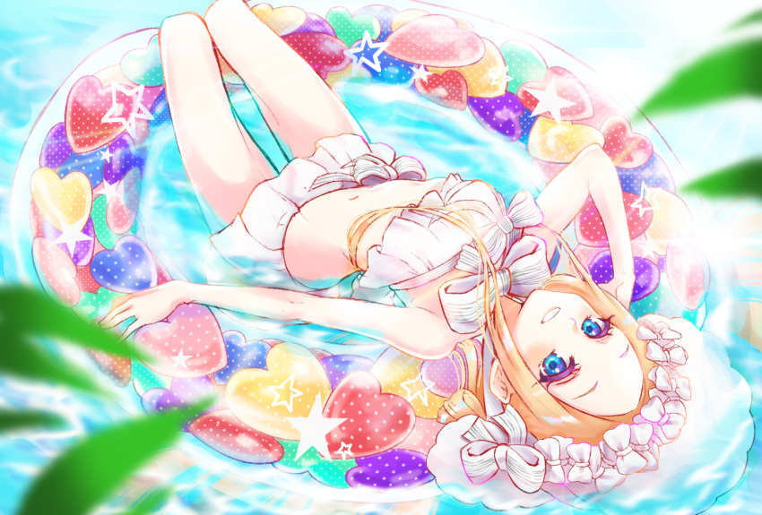 1girl abigail_williams_(fate) abigail_williams_(swimsuit_foreigner)_(fate) abigail_williams_(swimsuit_foreigner)_(third_ascension)_(fate) bikini blonde_hair blush bonnet bow breasts day fate/grand_order fate_(series) forehead innertube long_hair looking_at_viewer lying navel on_back outdoors panco_neco parted_bangs parted_lips partially_submerged procreate_(medium) small_breasts smile solo strapless strapless_bikini sunlight swimsuit water white_bikini white_bow white_headwear