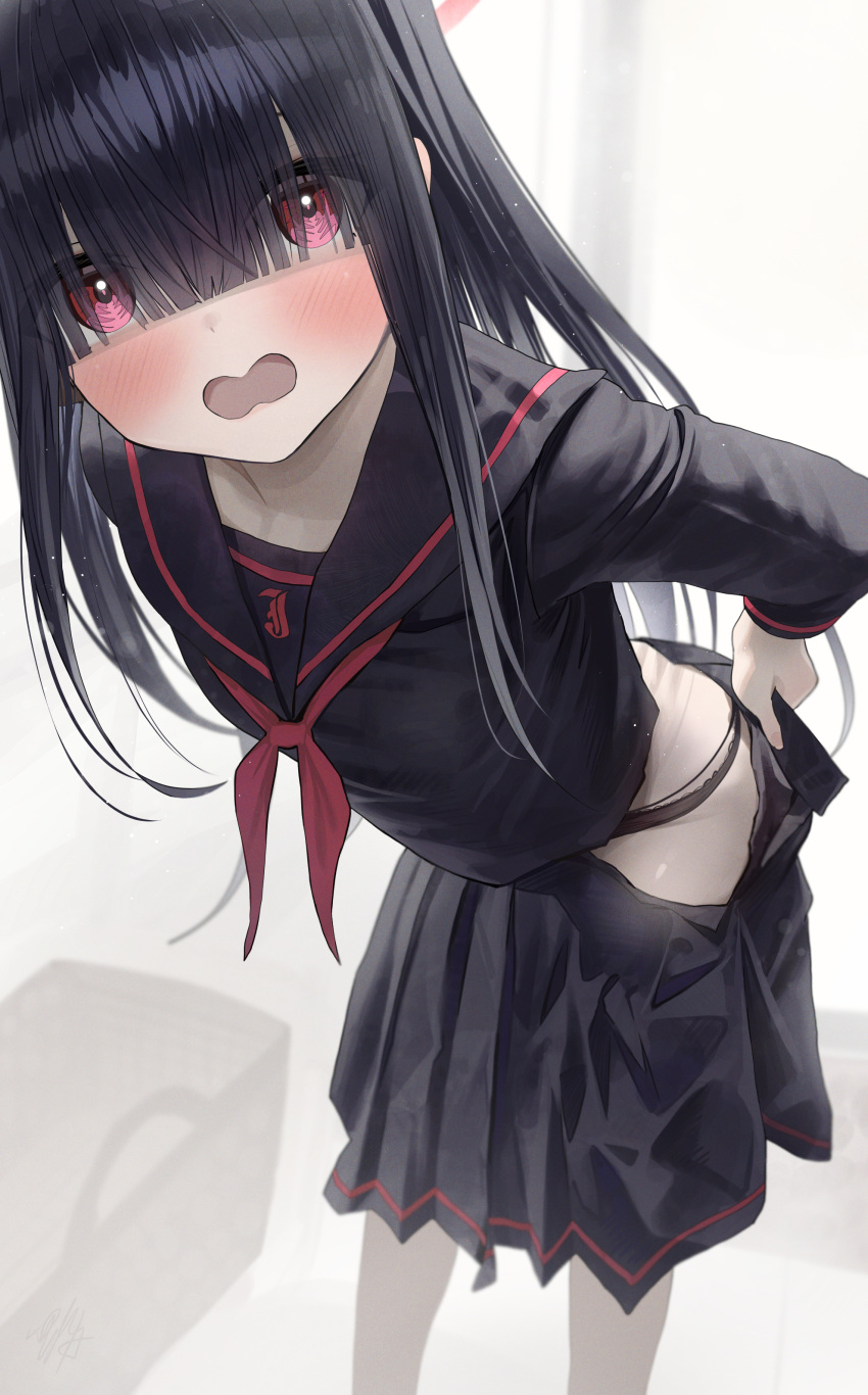 1girl absurdres bent_over black_hair black_panties black_sailor_collar black_serafuku black_shirt black_skirt blue_archive blunt_bangs blush commentary_request embarrassed extra hair_over_eyes halo hidulume highres justice_task_force_member_(blue_archive) long_bangs long_hair looking_at_viewer neckerchief open_mouth panties red_eyes red_halo red_neckerchief revision sailor_collar school_uniform serafuku shirt skirt solo underwear undressing