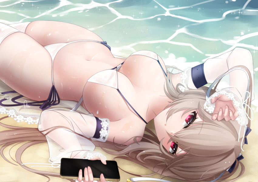 anchorage_(azur_lane) anchorage_(dolphins_and_swim_lessons)_(azur_lane) azur_lane beach bikini black_bow bow breasts cellphone collarbone commentary detached_sleeves english_commentary hair_bow holding holding_phone large_breasts light_brown_hair long_hair lying mixed-language_commentary navel on_back phone pink_eyes rika_ryne see-through see-through_sleeves shore side-tie_bikini_bottom signature sleeves_past_wrists smartphone sparkle swimsuit thighhighs two-tone_bow water wet wet_hair white_bow white_thighhighs